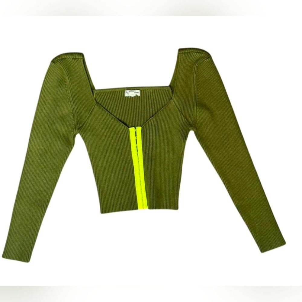 New For Love and Lemons Green Fitted Ribbed Long Sleeve Neon Crop Sweater S XS